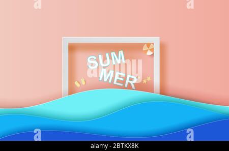 Estate top view cornice scena luogo per il tuo text.Summer stagione banner sfondo concept.Creative vacanza mare onda design carta taglio e stile artigianale Illustrazione Vettoriale