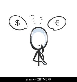 Decisione di cambio valuta. Analisi degli investimenti finanziari. Disegnata a mano. Cartoon Stickman. Schizzo a forma di dodle, illustrazione grafica vettoriale Illustrazione Vettoriale