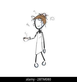Svegliatevi al mattino con capelli sonnolenti e disordinati. Bere caffè. Disegnata a mano. Cartoon Stickman. Schizzo a forma di dodle, illustrazione grafica vettoriale Illustrazione Vettoriale