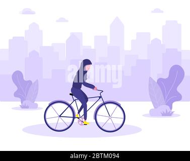 Donna araba in bicicletta gira per la città. Moderna illustrazione piatta. Illustrazione Vettoriale