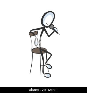 Alzati in piedi per la commedia. Speaker che racconta la storia al pubblico. Comico con microfono. Disegnata a mano. Cartoon Stickman. Schizzo a forma di dodle, grafico vettoriale Illustrazione Vettoriale
