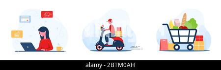Ordine alimentare online. Consegna di generi alimentari. Una donna negozio  in un negozio online. Corriere veloce sullo scooter. Carrello. Rimani a  casa. Quarantena o auto Immagine e Vettoriale - Alamy
