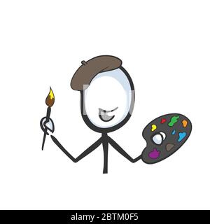 Artista di pittura con tavolozza e beret. Disegnata a mano. Cartoon Stickman. Doodle sketch, grafica vettoriale pittura artista Illustrazione Vettoriale