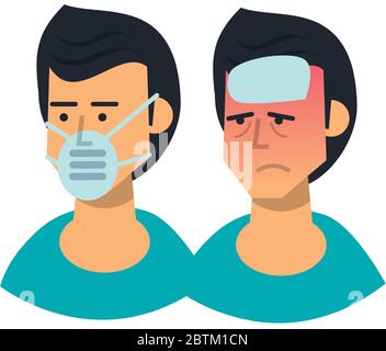 gruppo di uomini malati con sintomi e utilizzare maschera medica Illustrazione Vettoriale