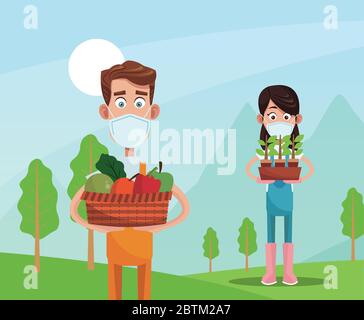 gli agricoltori coppia indossare maschere mediche scena Illustrazione Vettoriale
