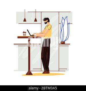 Uomo freelance lavoro in comodo ufficio domestico in cucina vettore illustrazione piatta. Personaggio uomo freelance che lavora da casa a ritmo rilassato Illustrazione Vettoriale