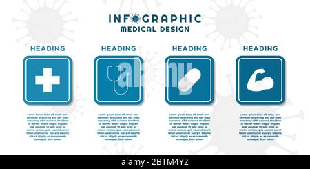 Icona di disegno medico infografico in etichetta quadrata con spazio per il concetto di covid-19. Illustrazione vettoriale. Illustrazione Vettoriale