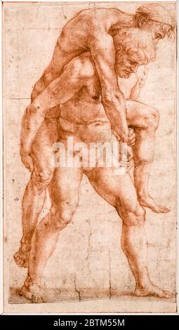 Raffaello, giovane uomo che porta un vecchio uomo sulla schiena, disegno, circa 1514 Foto Stock