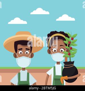 afro contadini coppia indossare maschera medica scena Illustrazione Vettoriale