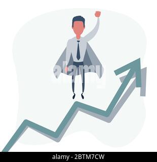 Grafico piatto super uomo d'affari che porta il business fino al cielo. Successo aziendale e concetto di leadership. Illustrazione Vettoriale