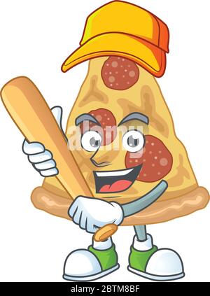 concetto di disegno del cartone animato di fetta della pizza che gioca il baseball con il bastone Illustrazione Vettoriale