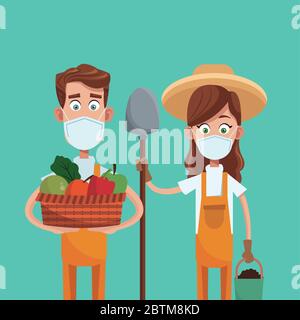 gli agricoltori coppia indossare maschere mediche scena Illustrazione Vettoriale