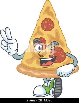 fetta sorridente di pizza in stile mascotte cartoon con due dita Illustrazione Vettoriale