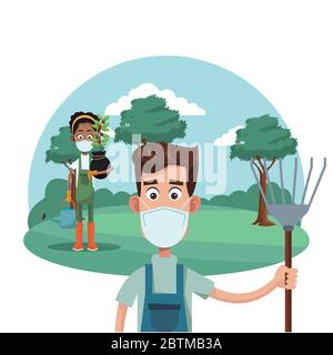 gli agricoltori coppia indossare maschere mediche scena Illustrazione Vettoriale