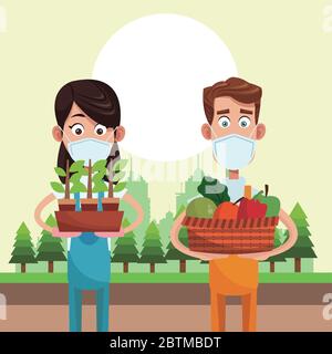 gli agricoltori coppia indossare maschere mediche scena Illustrazione Vettoriale