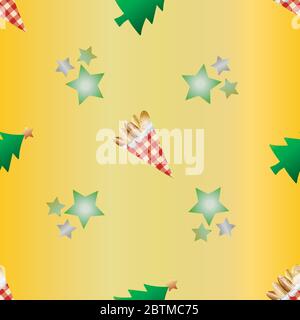 Mandorle arrosto in sacchi di carta gingham vettore senza cuciture motivo sfondo. Pasticceria dorata, alberi festosi, stelle su sfondo giallo gradiente Illustrazione Vettoriale