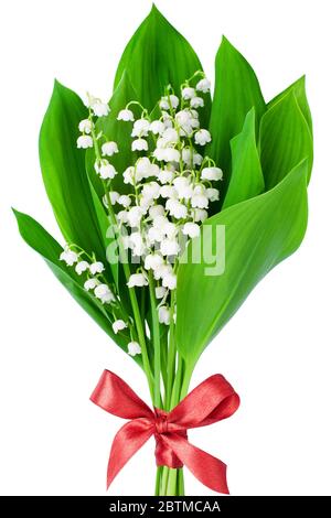 Giglio del fiore valle bouquet con fondo rosso bowknot bianco isolato da vicino, bel mazzo di gigli, foglie verdi e nastro rosa Foto Stock