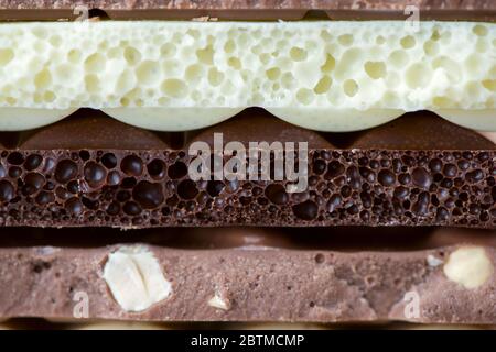 Diversi tipi di cioccolatini con frutta a guscio cacao in polvere e menta - fuoco selettivo, massimo da vicino Foto Stock