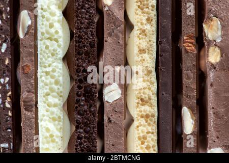 Diversi tipi di cioccolatini con frutta a guscio cacao in polvere e menta - fuoco selettivo, massimo da vicino Foto Stock