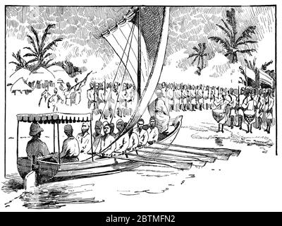 Solenne incontro di Henry Morton Stanley e Muteesa i di Buganda. Illustrazione del 19 ° secolo. Sfondo bianco. Foto Stock