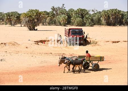 NIGER, villaggio Namaro, miniera di sabbia in asciutto fiume, sabbia è usato per la costruzione / Dorf Namaro, Sandabbau im trockenem Flußbett, Bausand Foto Stock