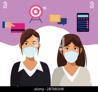donne d'affari che lavorano e indossano maschere mediche Illustrazione Vettoriale