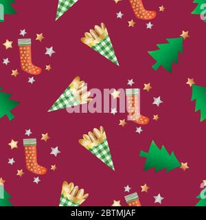 Mandorle arrosto in sacchi di carta gingham vettore senza cuciture motivo sfondo. Pasticceria dorata, calze festive, stelle e alberi borgogna Illustrazione Vettoriale
