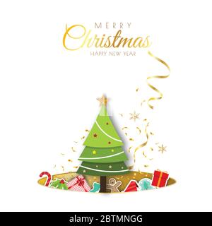 Allegro Natale sfondo minimal design decorativo con carta xmas taglio set regalo. Brillante composizione per le vacanze invernali per poster, biglietti d'auguri, banne Illustrazione Vettoriale