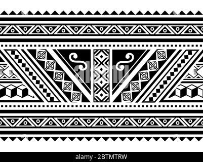 Modello orizzontale lungo vettoriale senza giunture geometriche polinesiane, design tribale hawaiano ispirato all'arte del tatuaggio Maori Illustrazione Vettoriale
