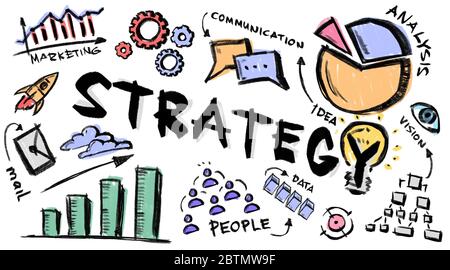 Illustrazione con nozioni di strategia aziendale, grafici e disegni su sfondo bianco, panorama Foto Stock