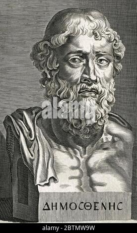 DEMOSTHENES (384-322 a.C.) statista e oratrice greca in incisione del XVIII secolo Foto Stock