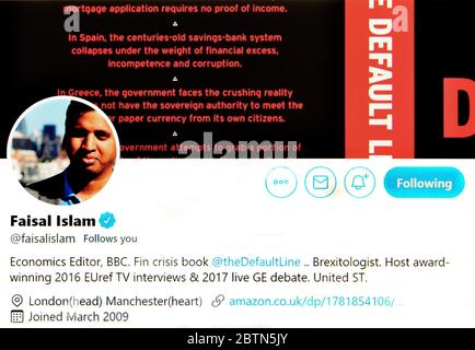 Pagina Twitter (Maggio 2020) Faisal Islam - BBC News Economics Editor Foto Stock