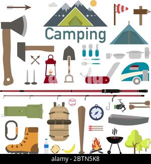 Set di campeggio o escursioni, concetto di icone e simboli. Illustrazione Vettoriale Illustrazione Vettoriale