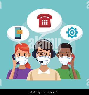 il call center supporta i lavoratori che indossano una maschera medica Illustrazione Vettoriale