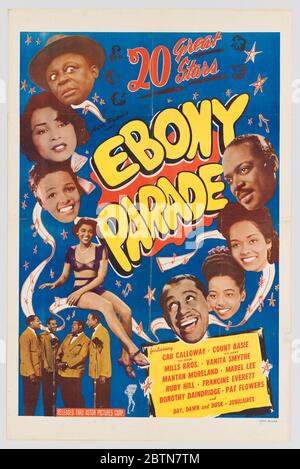 Poster per la sfilata Ebony. Uscito nel 1947, Ebony Parade è stata una serie di brevi schizzi e numeri originariamente distribuiti come shorts musicali dalla Soundies Distributing Corporation of America. UN grande poster per il film Ebony Parade con uno sfondo blu e un bordo biancastro. Foto Stock