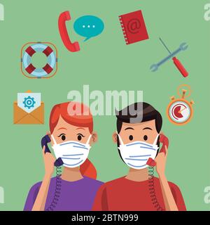 call center di supporto coppie di lavoratori che indossano maschera medica Illustrazione Vettoriale