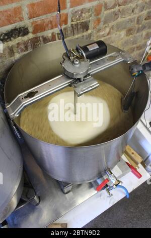 Casa che produce la mash tun in acciaio inossidabile, schiacciando la birra artigianale. Con agitatrice elettrica fatta in casa. Foto Stock