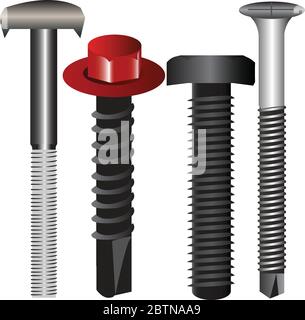 Set realistico di chiodi per dadi a vite, raccolta viti in ferro Illustrazione Vettoriale