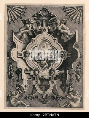 Scrapwork Escucheon con la rappresentazione di San Giovanni Evangelista. Ricerca in ProgressSan Giovanni su Patmos. Quattro putti. Foto Stock