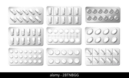 Confezione realistica 3d di farmaci in blister. Confezione di pillole antidolorifico. Illustrazione della vitamina o del antidolorifico in compressa chimica in blister isolato su Illustrazione Vettoriale