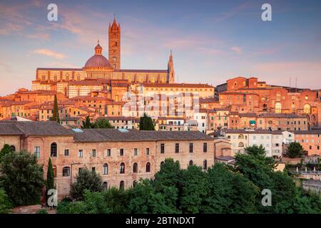 Siena. Immagine aerea del paesaggio urbano della città medievale di Siena, Italia durante il tramonto. Foto Stock