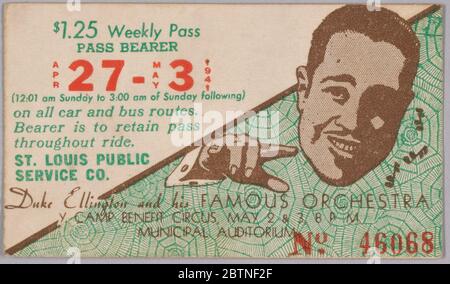 Pass di transito per la St Louis Public Service Company che raffigura il Duke Ellington. Pass di transito per la St. Louis Public Service Company che raffigura il Duke Ellington. Il pass offre informazioni sul Circus benefico del campo Y, con Duke Ellington e la sua famosa Orchestra. Foto Stock