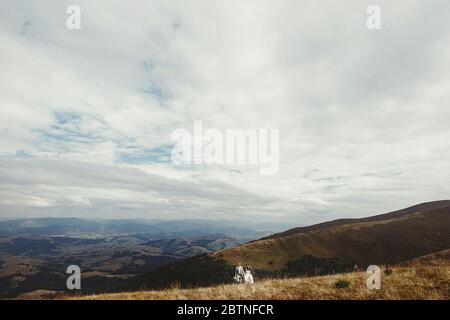 felice splendida sposa e sposo camminare in sole luce tenendo le mani, boho matrimonio coppia, cerimonia di lusso in montagna con vista incredibile, spazio per tex Foto Stock