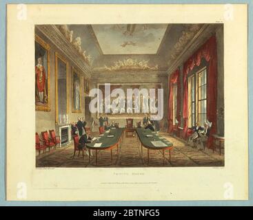 Trinity House dal repository di Ackermanns. Ricerca in ProgressRoom con centro tavolo a forma di ferro di cavallo. Ci sono dipinti sulle pareti e gli uomini che conversano in gruppi o leggendo. Titolo, artisti e nomi dell'editore qui sotto. Foto Stock