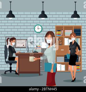 donne d'affari che lavorano e indossano maschera medica Illustrazione Vettoriale