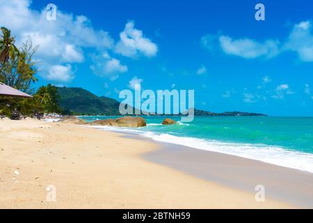 Splendida spiaggia di sabbia tropicale con palme, cielo blu e acqua limpida Foto Stock