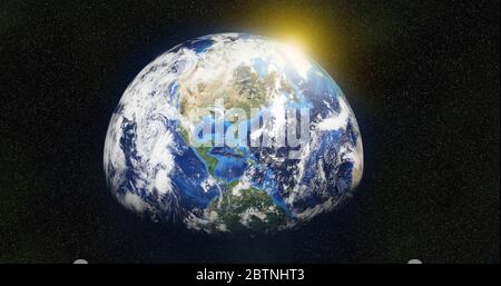 Rendering 3D del pianeta Terra dallo spazio nelle nuvole puoi vedere l'America su uno sfondo stellato il sole sta uscendo in primo piano Foto Stock