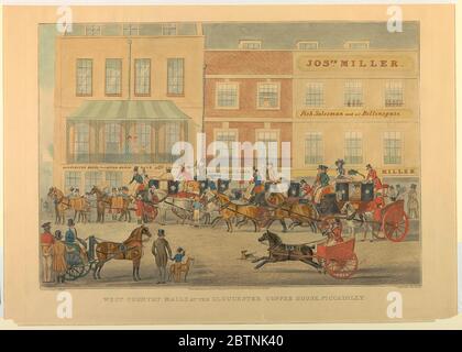 West Country mail al Gloucester Coffee House Piccadilly. Ricerca in ProgressCrowded Street, prima di tre edifici. Gloucester Coffee House, a sinistra; centro per la produzione di cappelli, miller e venditore di pesce, a destra. Molti carrelli e carrozze in strada. Titolo, nome dell'artista e dell'editore e data qui sotto. Foto Stock