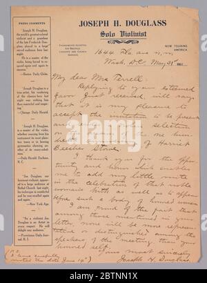 Lettera a Maria Chiesa Terrell di Joseph Douglass. Lettera alla Sig.ra Terrell di Joseph H. Douglass, nipote di Frederick Douglass, datata 31 maggio 1911. Pagina singola scritta sulla stazionaria personale di Douglass. Inchiostro nero su carta marrone chiaro. La testa della lettera in alto recita [JOSEPH H. Foto Stock