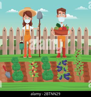 gli agricoltori coppia indossare maschere mediche scena Illustrazione Vettoriale